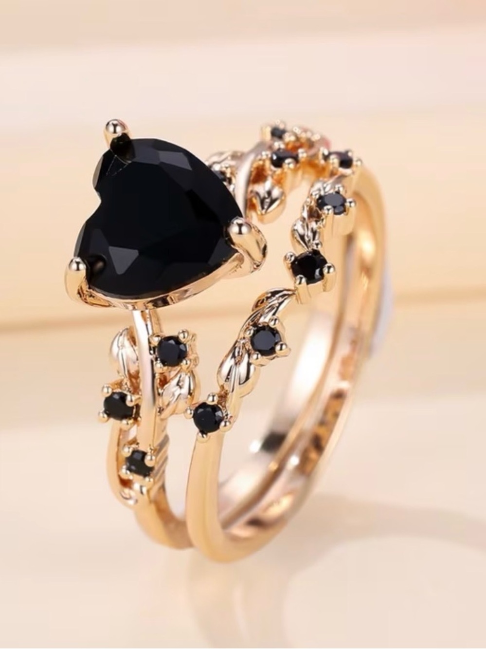 Gold Tone Black Heart Cocktail Ring - Women Jewelry